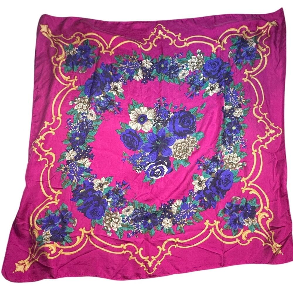Scarf Floral Scroll Print Magenta Purple Silk Feel Square